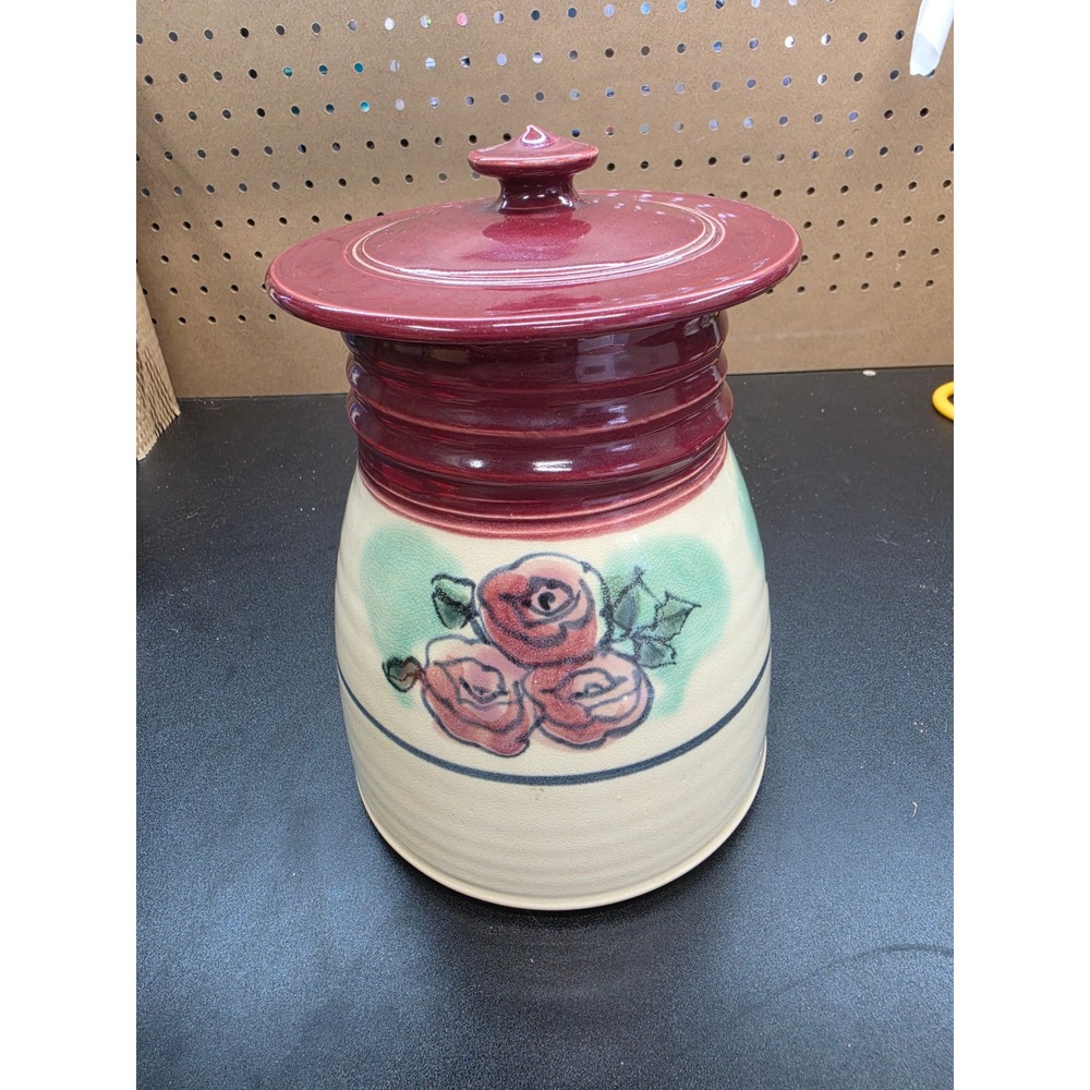 Signed Studio Pottery Rose Canister Burgundy Cream Stoneware Lidded Jar 9.5"